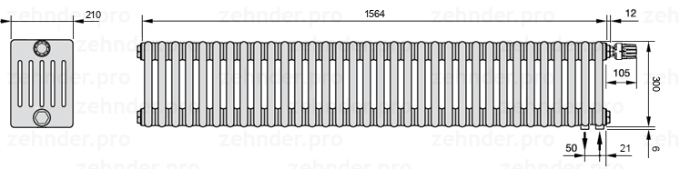 Схема (чертеж) Радиатор Zehnder Charleston 6030/34 №V002 Белый глянцевый RAL 9016